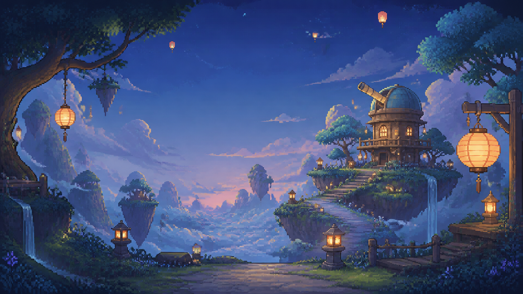 Decorative illustration of a floating forest island at twilight